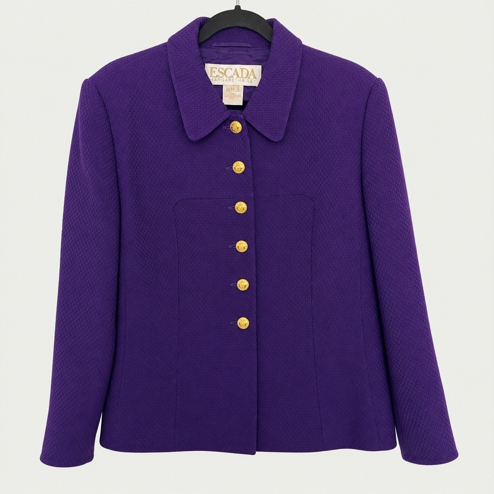 ESCADA Margaretha Ley Vintage 100% Wool Textured Purple Gold Button Jacket